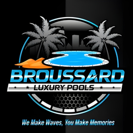 Broussard Luxury Pools logo with blue pool, palm trees, and tagline &ldquo;We Make Waves, You Make Memories&rdquo;