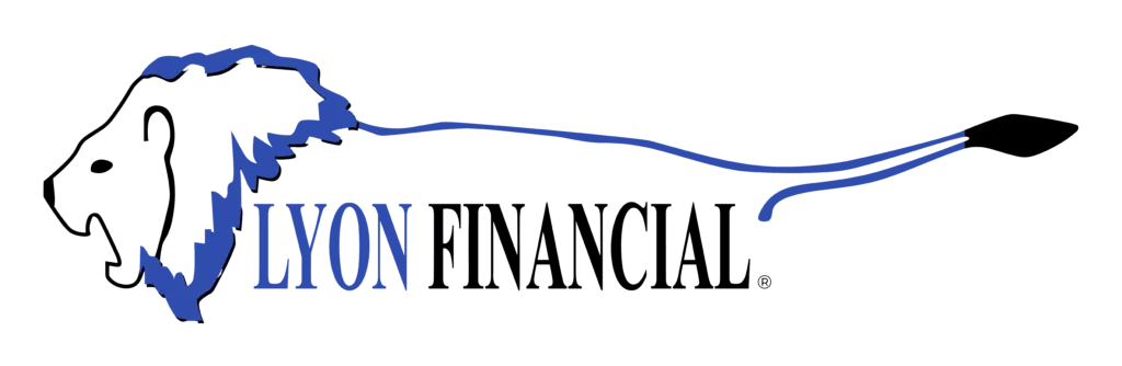 Lyon Financial logo with a blue lion outline and blue text on a white background