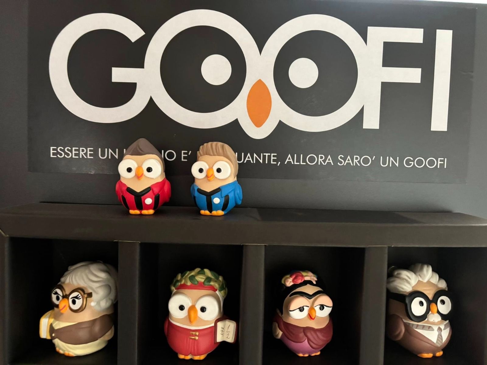Statuette di gufi in nicchie sotto il logo GOOFI.