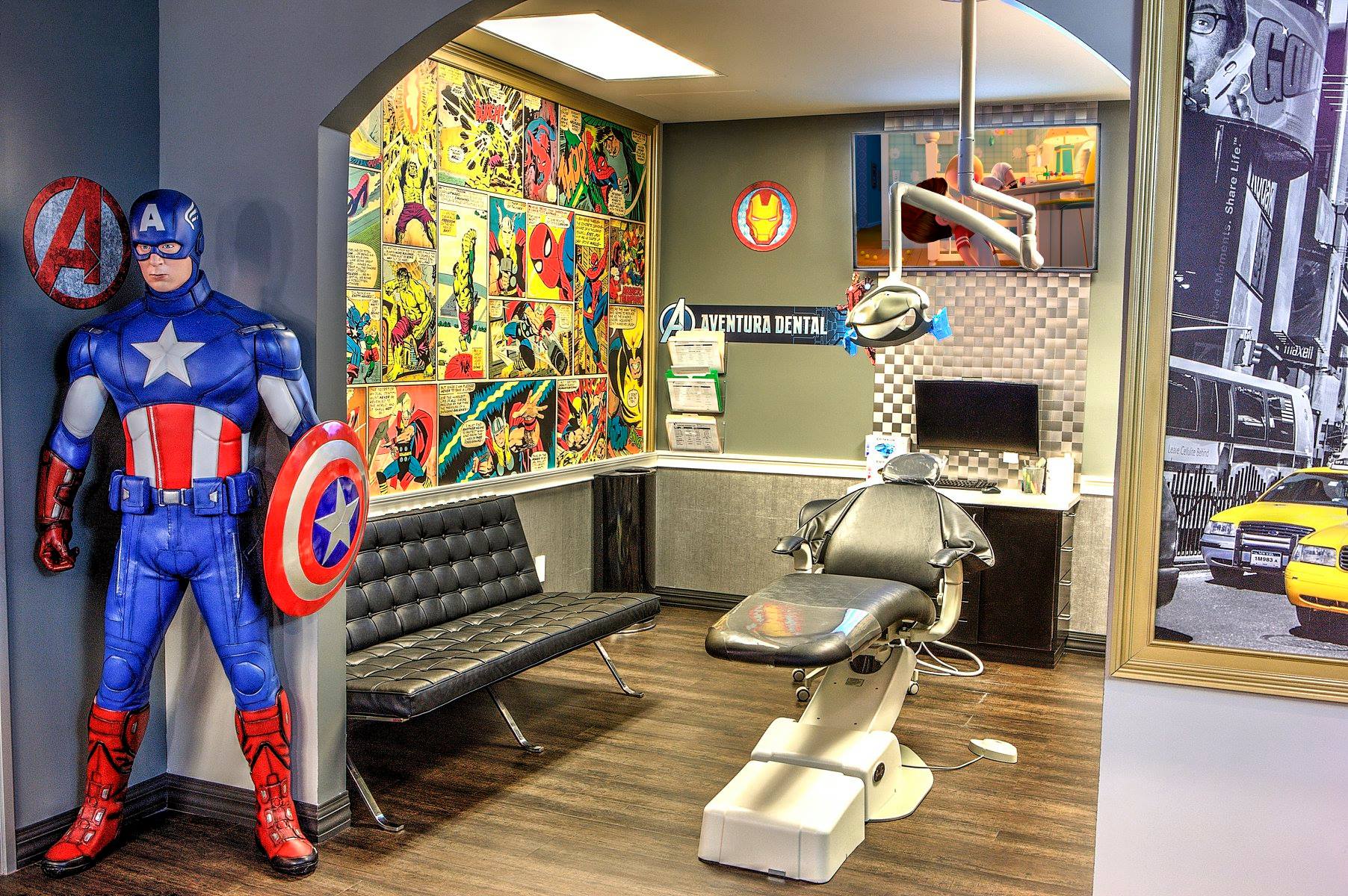 Captain America figure in a vintage barber shop with a colorful mural and barber chair