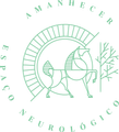 Green AMANHECER ESPAÇO NEUROLÓGICO logo with abstract horse and brain design