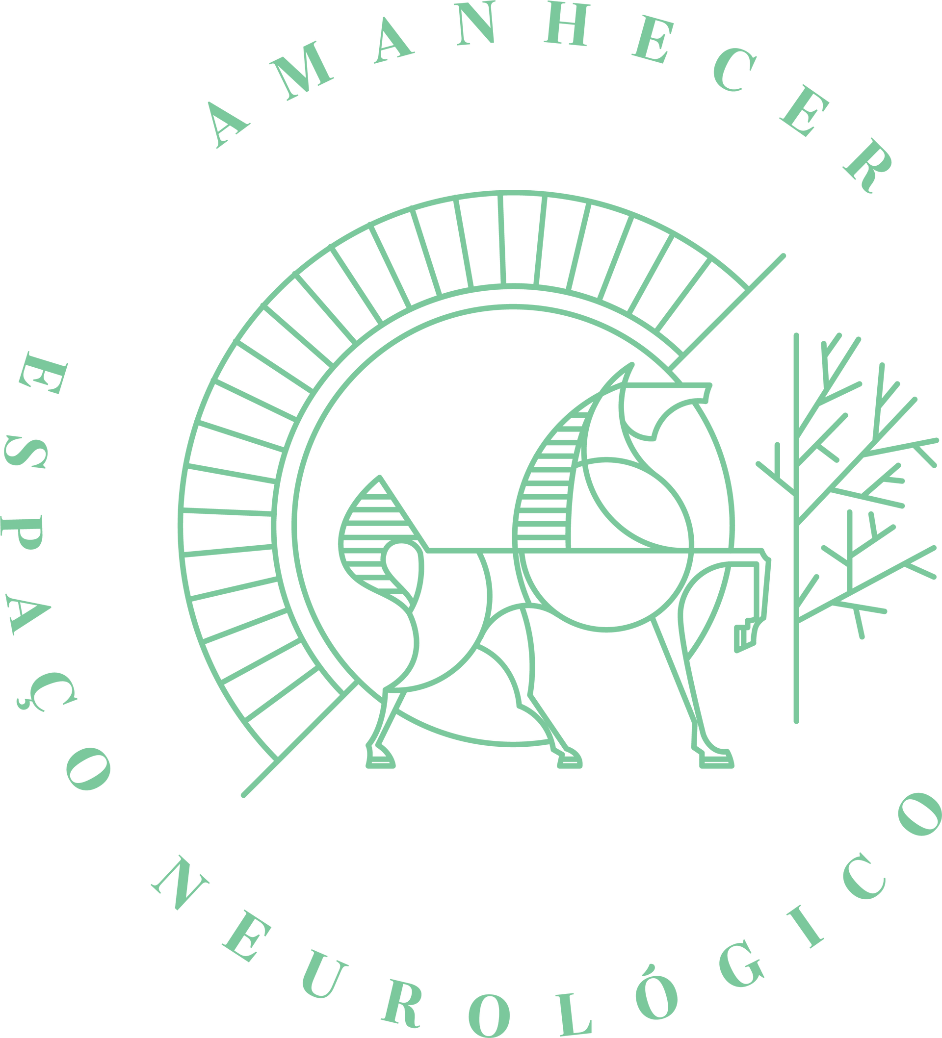 Green AMANHECER ESPAÇO NEUROLÓGICO logo with abstract horse and brain design