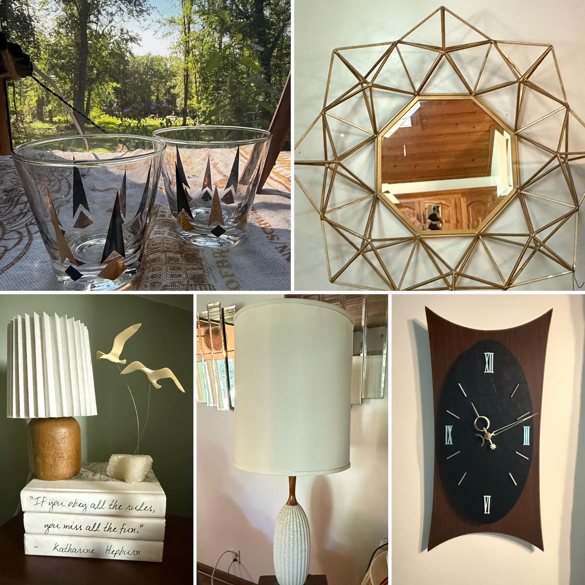 Collage of a black leather chair, abstract wall art, clear glass decor, and a Russian nesting doll