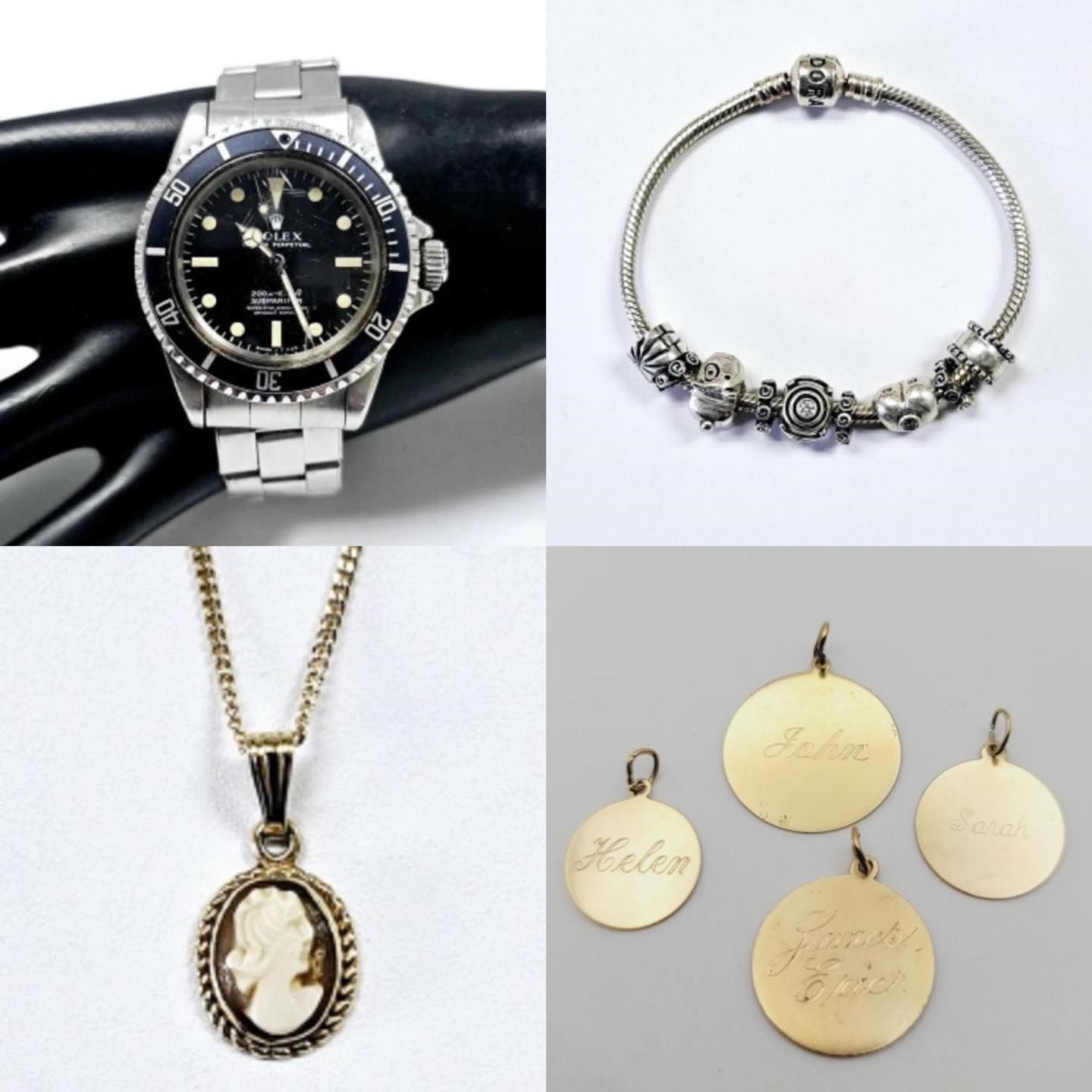 Silver watch, charm bracelet, and two gold pendant necklaces arranged on a light background