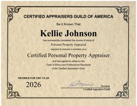 Certified Appraisers Guild of America certificate for Kellie Johnson, beige with ornate border, dated 2026