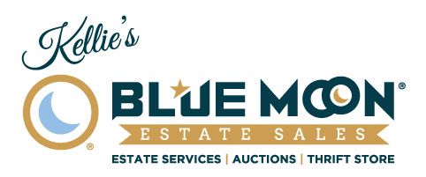 Kelly’s Blue Moon Estate Sales logo in teal, gold, and white, with estate services, auctions, thrift store text