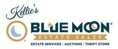 Kelly’s Blue Moon Estate Sales logo in teal, gold, and white, with estate services, auctions, thrift store text