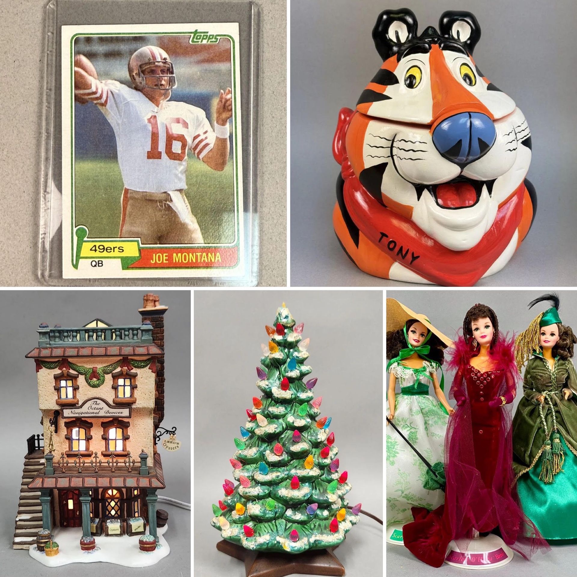 Assorted decorative items: glassware, ring, stained-glass art, cameo pendant, and electric guitar