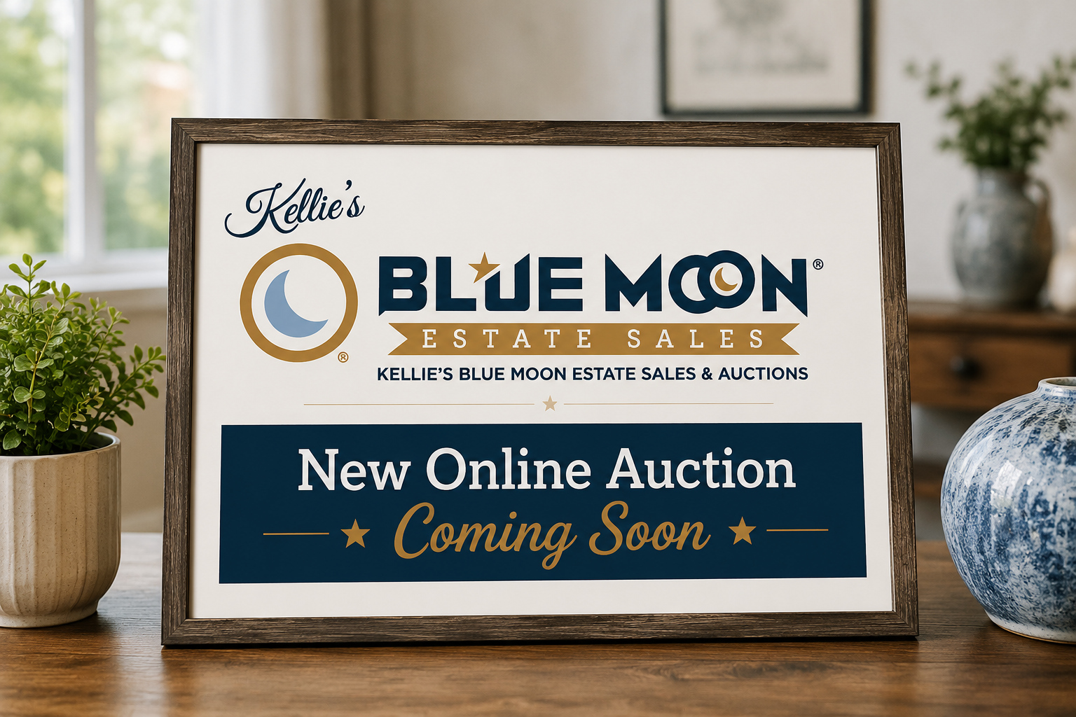 Blue Moon Estate Sales sign announcing “New Online Auction Coming Soon” on a wooden table