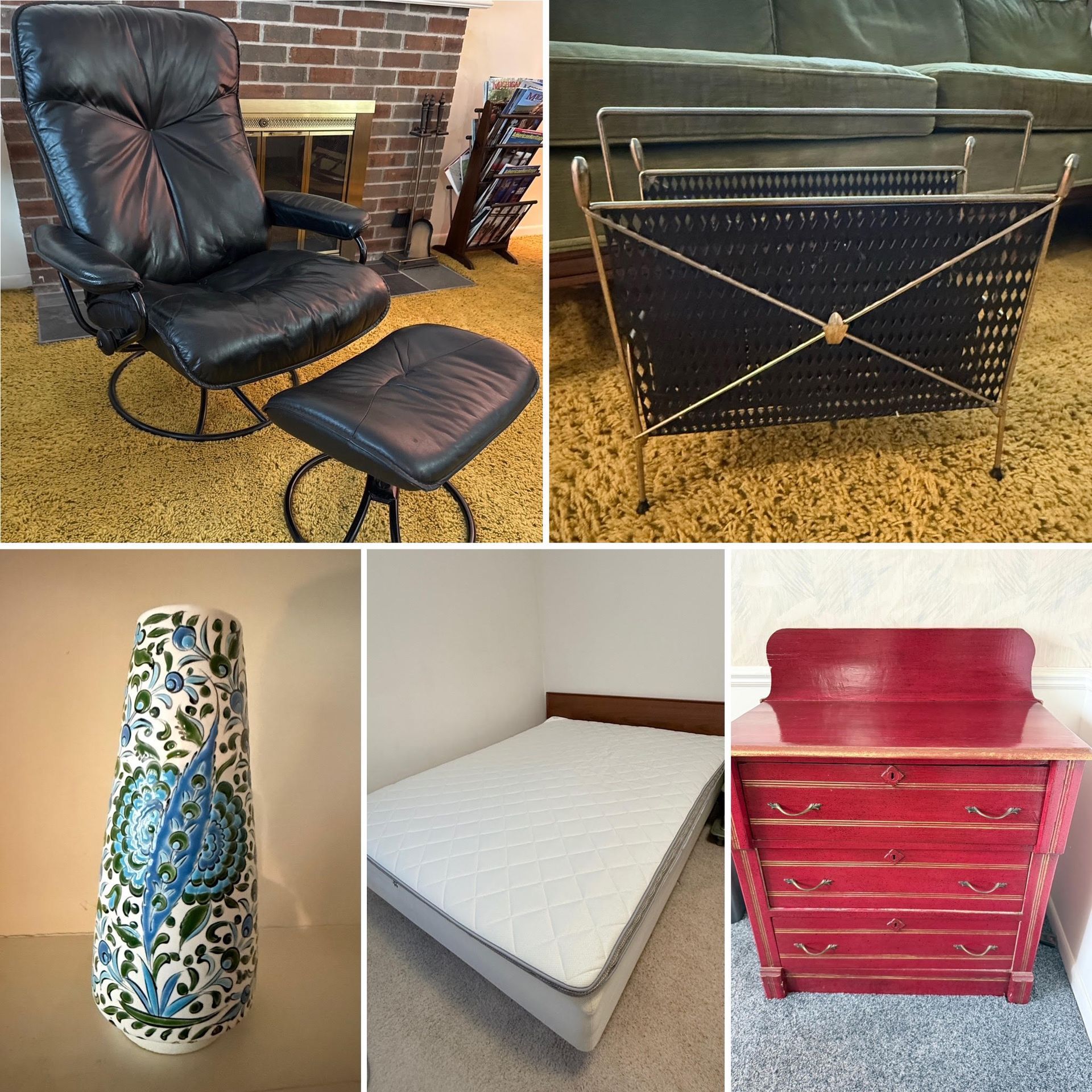 Collage of furniture and decor: black lounge chair, navy chair, floral vase, mattress, and red cabinet.