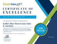 Certificate of Excellence for Kellie's Blue Moon Estate Sales & Auctions, with Top Seller badge