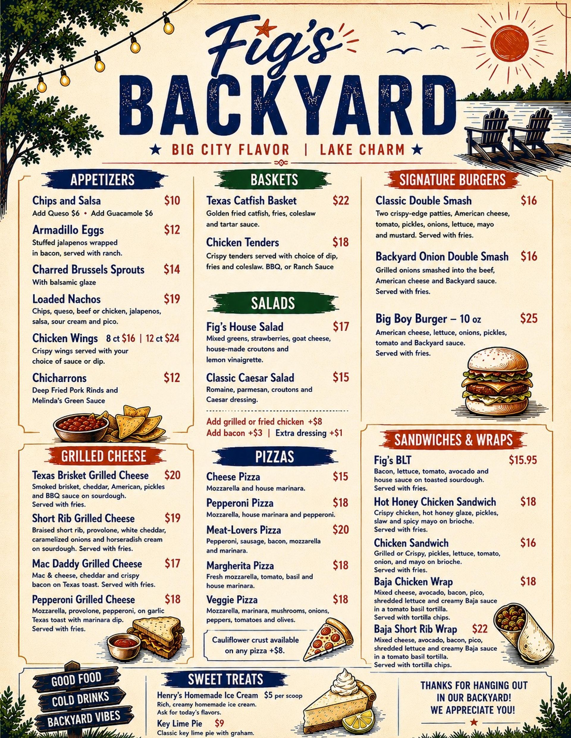 Menu for Fig's Backyard in Tool, Texas. Features food and drink options across various categories like appetizers, pizza, and main courses.