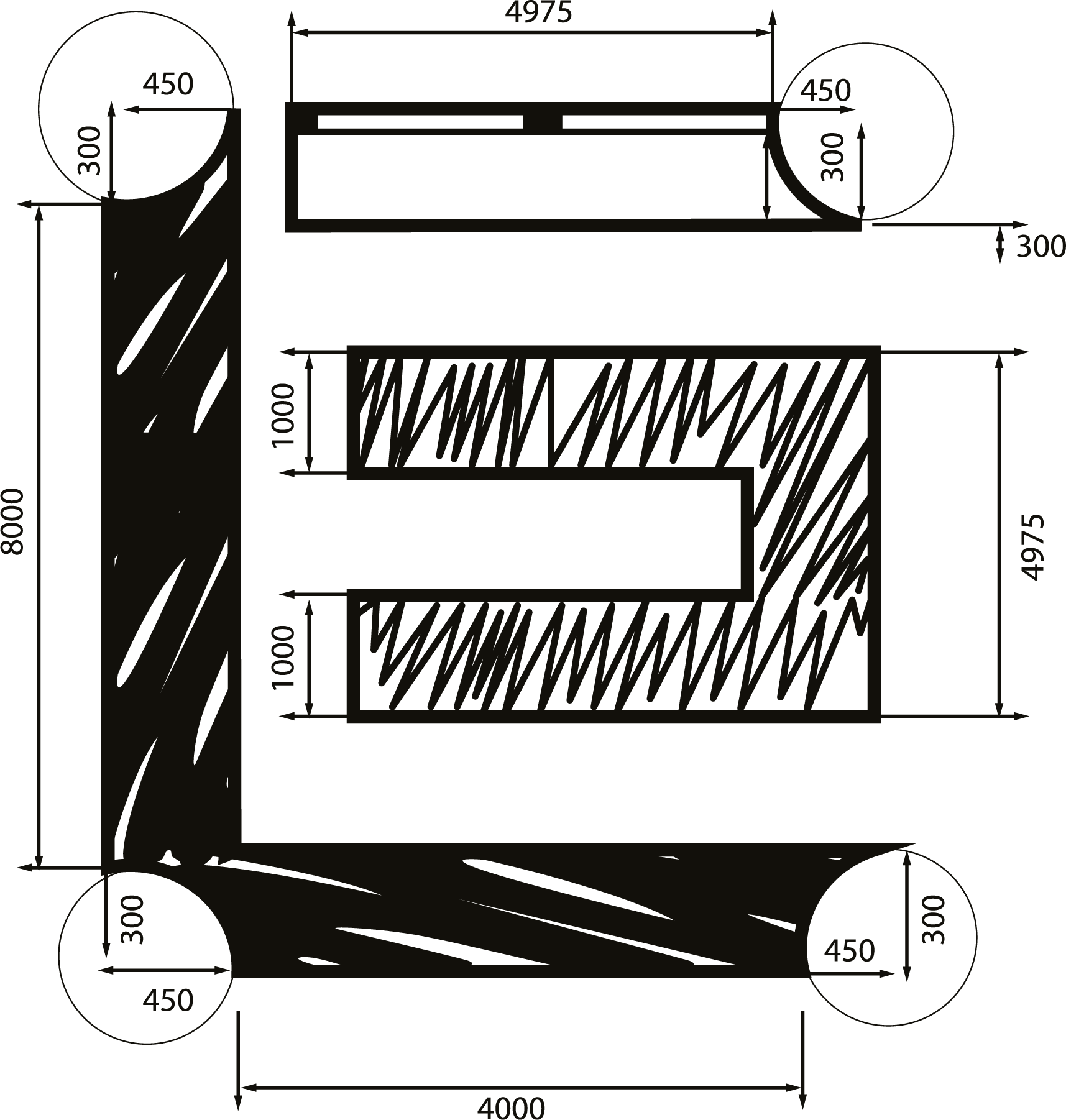 A black and white drawing of a letter l with measurements