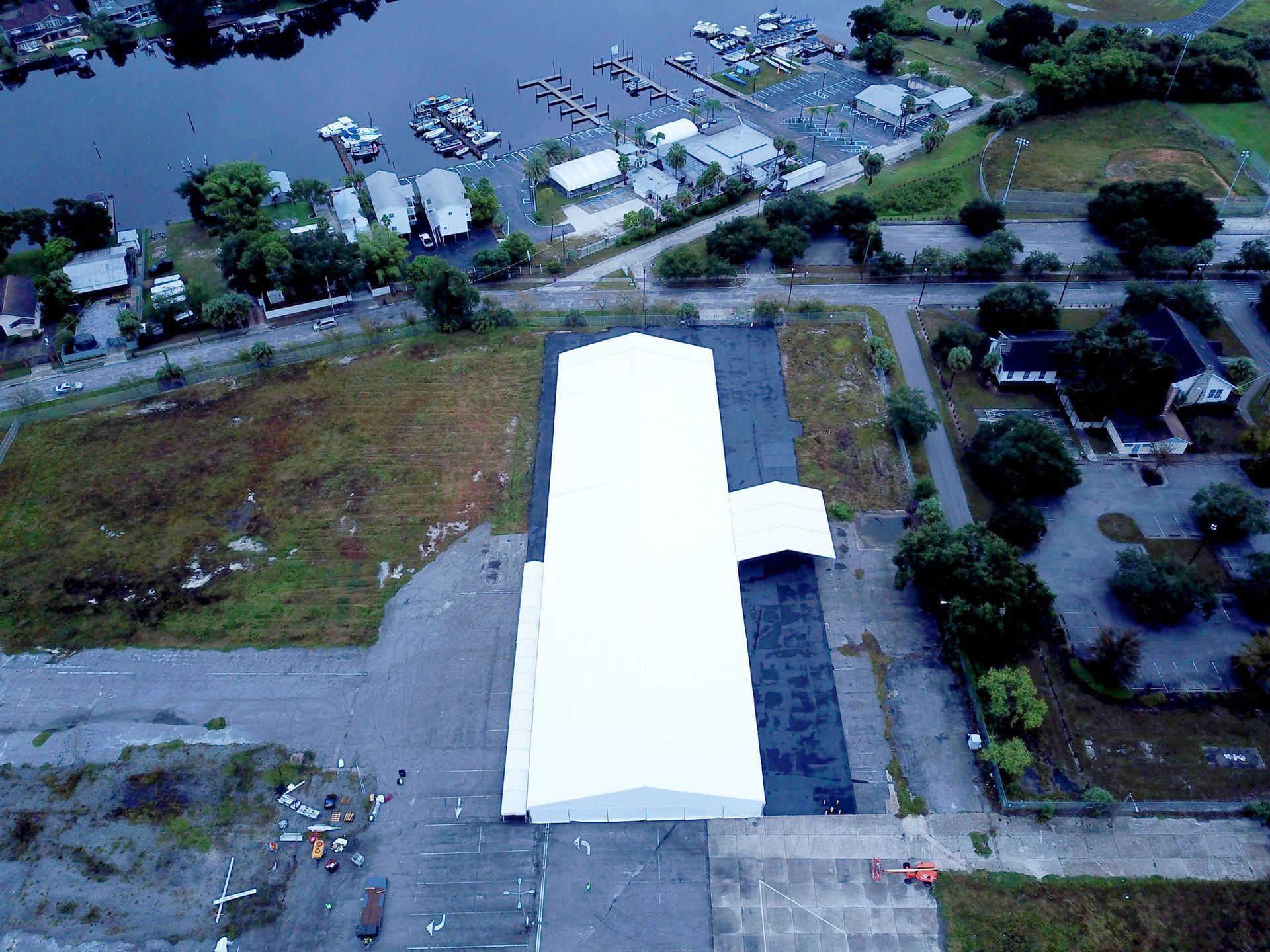 An aerial view of a large white building