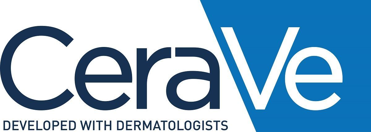 Di seguito il logo CeraVe con testo blu scuro e sfondo blu,