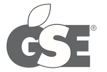 Logo GSE: mela grigia con foglia in cima, la lettera G si sovrappone alla lettera S e alla lettera E, con il simbolo del marchio registrato.