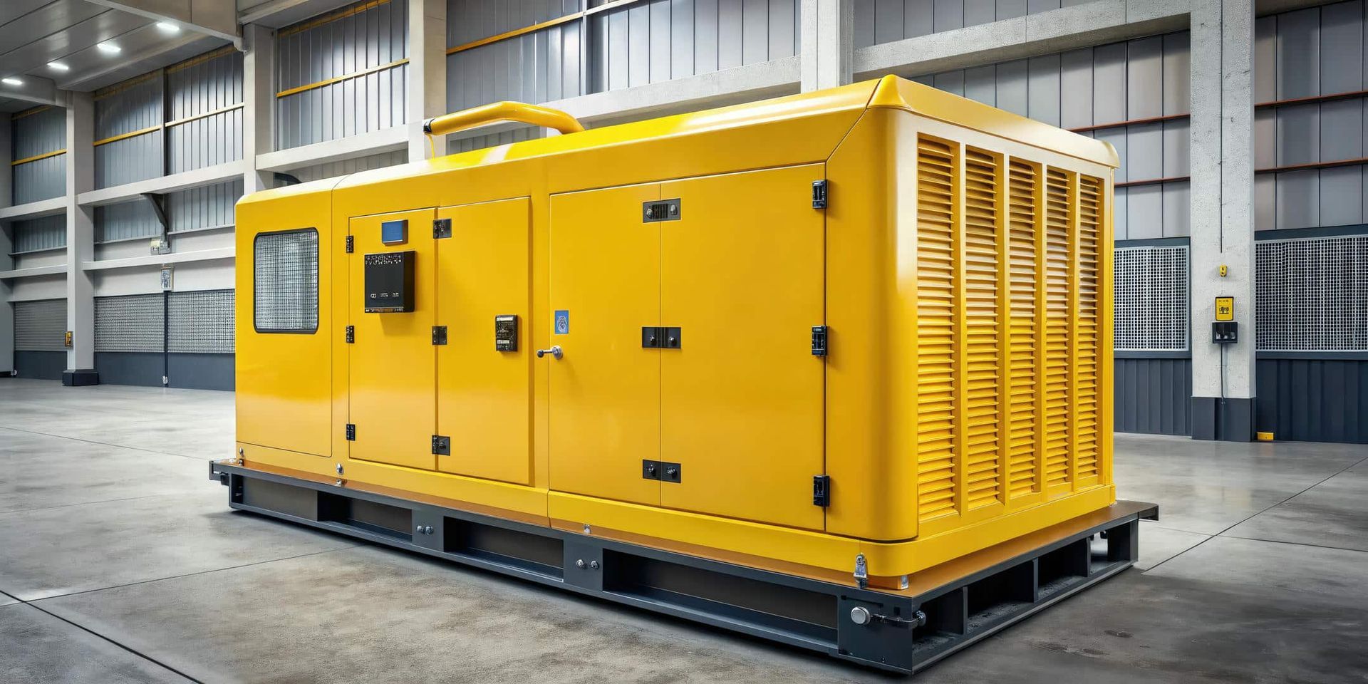 A large yellow generator is sitting in a warehouse.