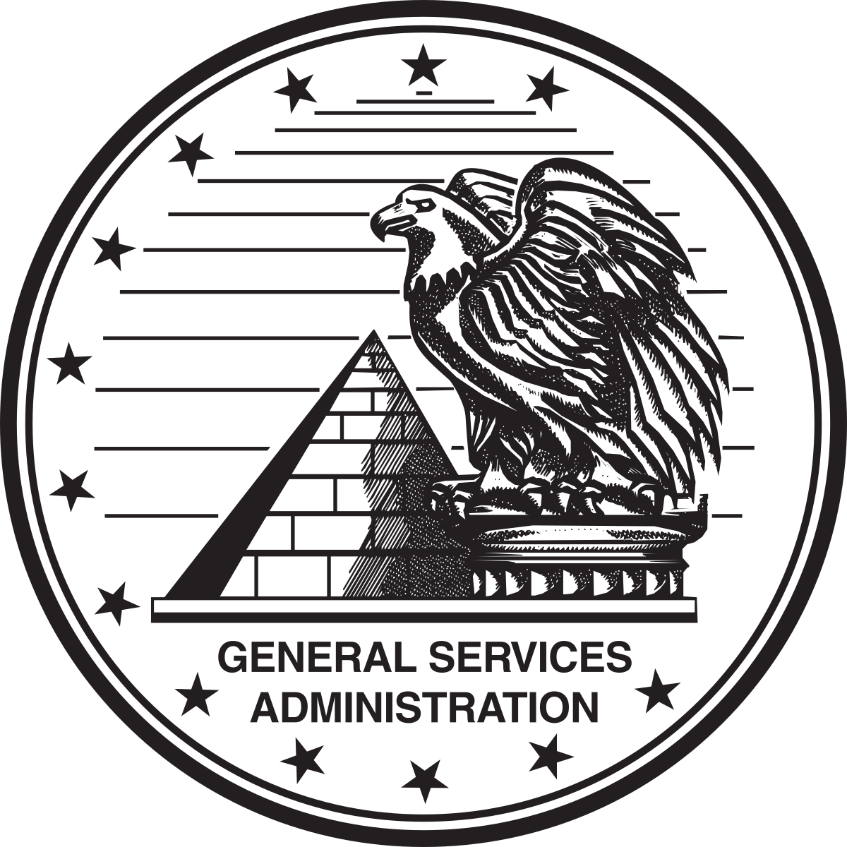 A black and white logo for the general services administration with an eagle on top of a pyramid.