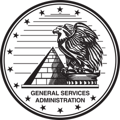 A black and white logo for the general services administration with an eagle on top of a pyramid.