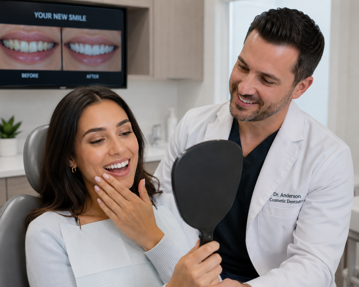 Dental consultation with patient smiling at mirror, dentist standing nearby in clinic