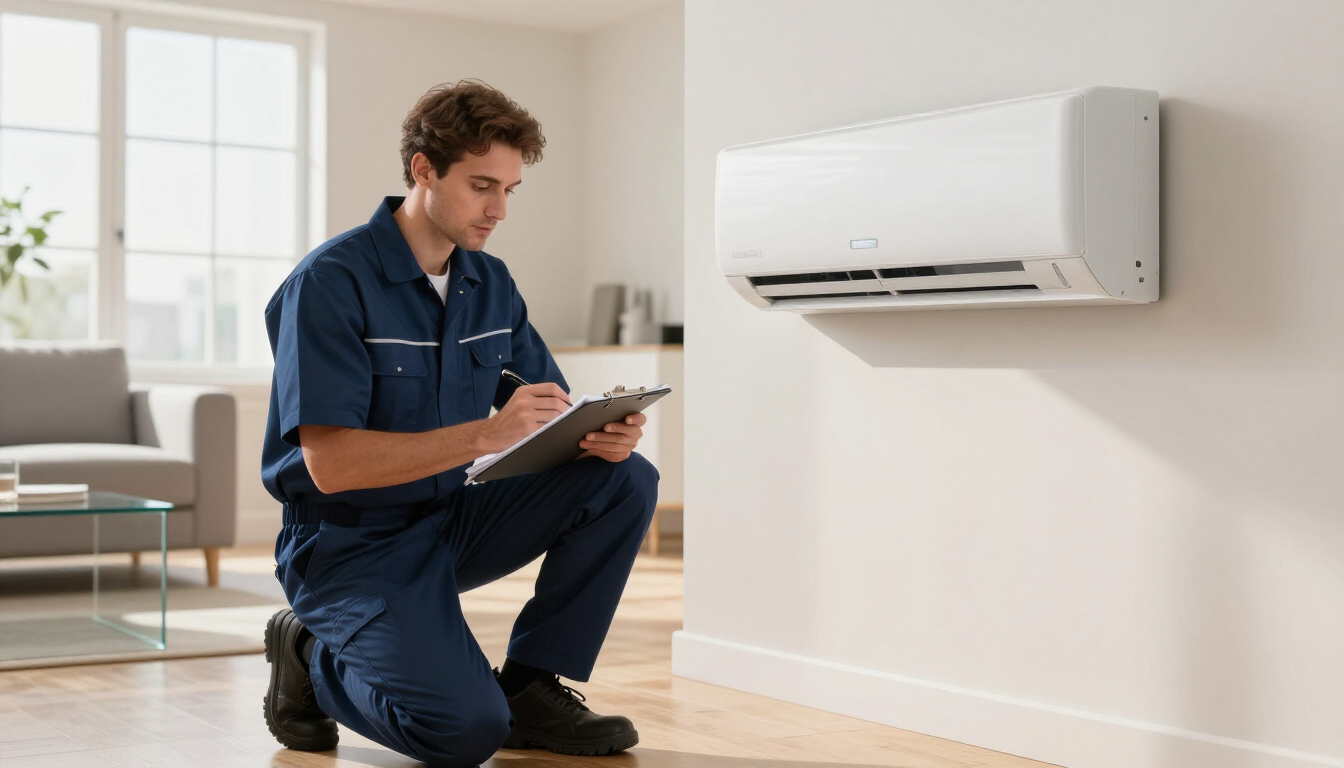 Technician kneeling by wall-mounted air conditioner, taking notes in a bright living room.