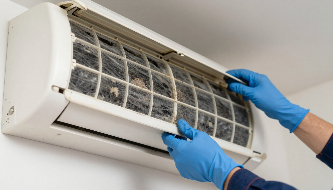 Gloved hands cleaning an indoor wall-mounted air conditioner filter