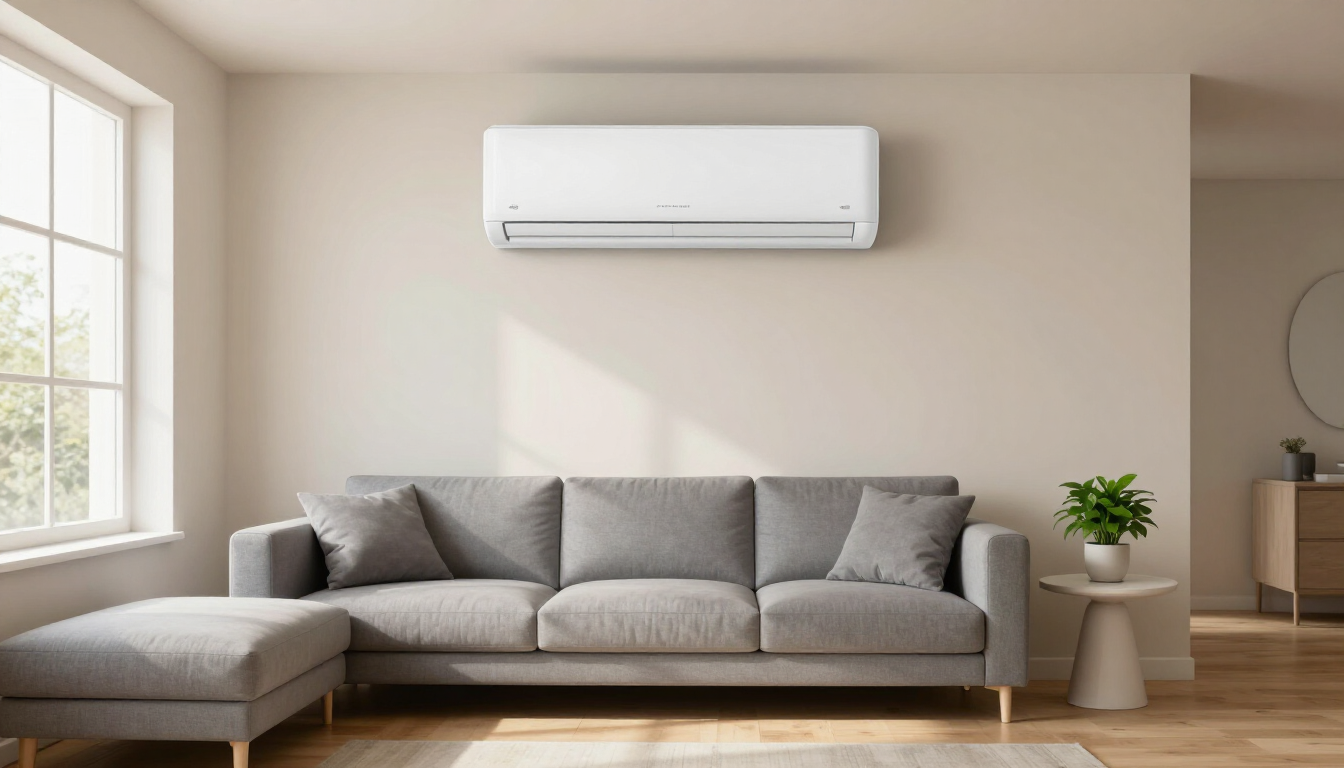 Modern living room with gray sofa, wall-mounted air conditioner, and sunlight from a window
