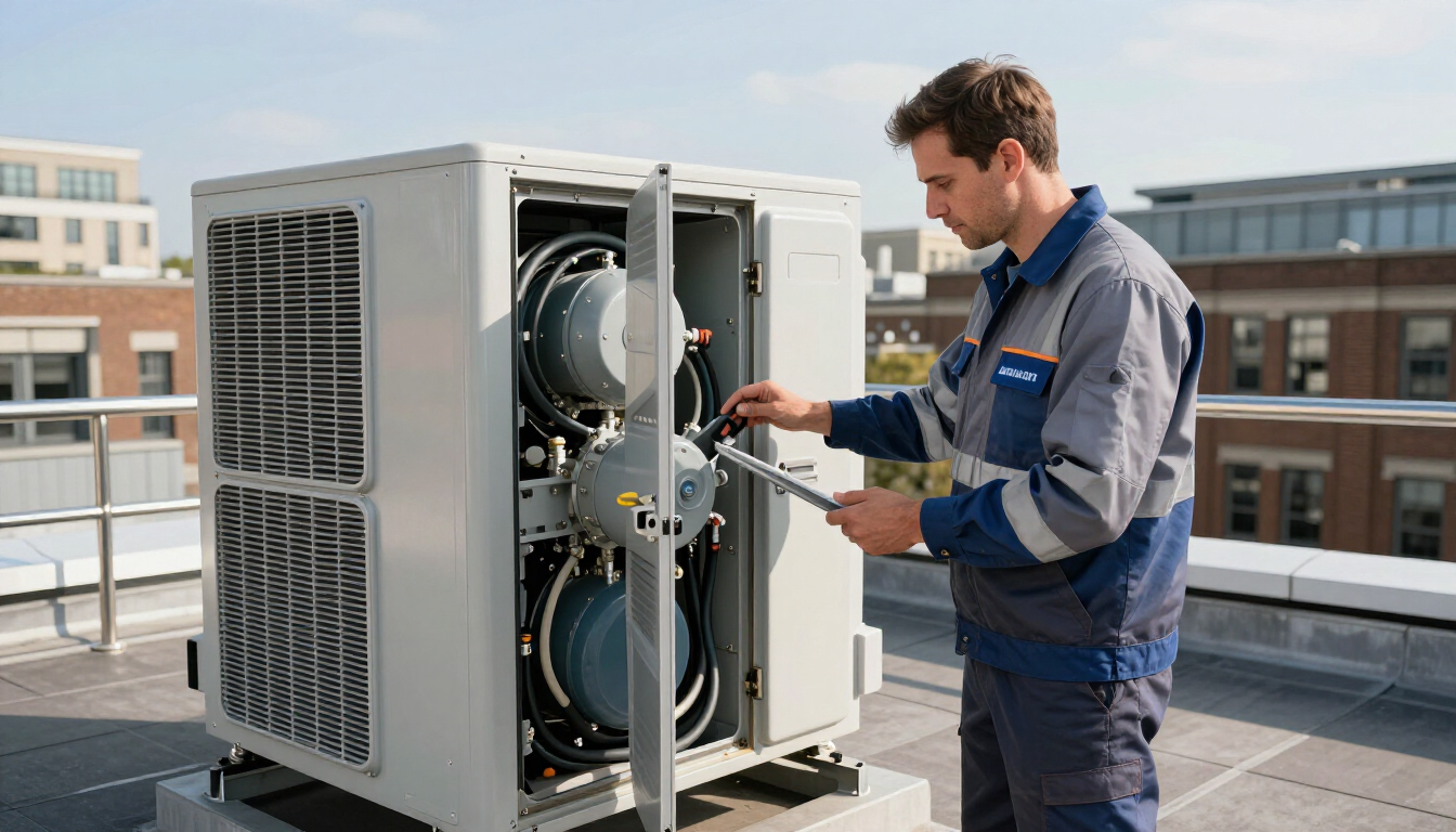Technician inspecting rooftop HVAC unit with open panels and visible wiring on a city rooftop