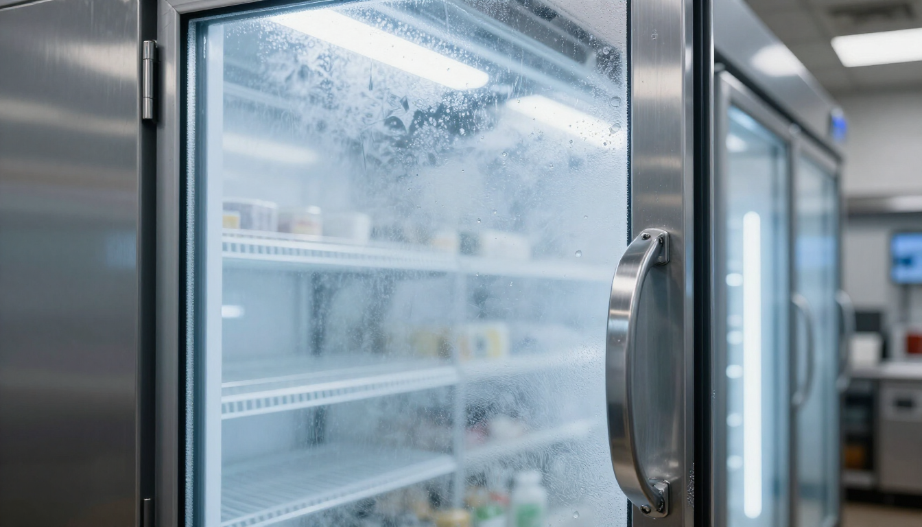 Condensation-covered glass door of a refrigerated display case in a bright industrial setting