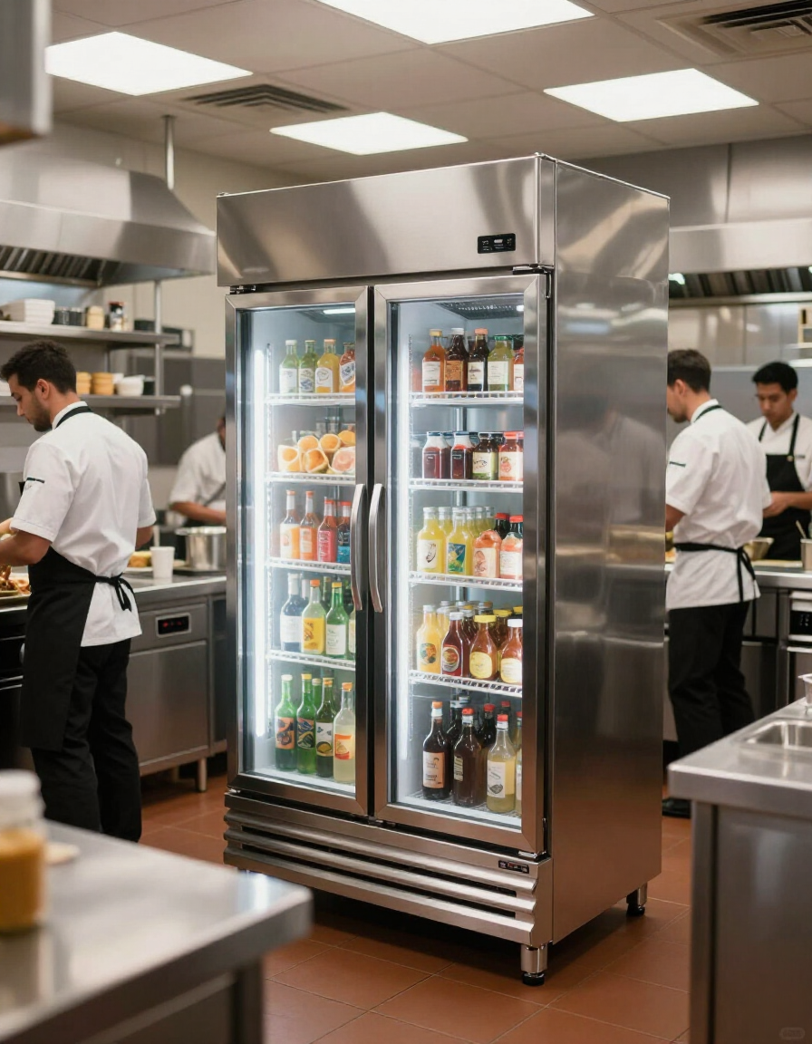 Stainless steel glass-door beverage cooler in a commercial kitchen, with drinks visible inside.