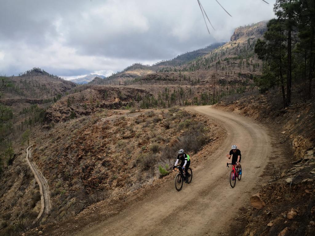 Two people are riding bicycles down a dirt road.
