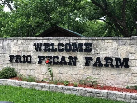 A welcome sign for frio pecan farm is on a stone wall.