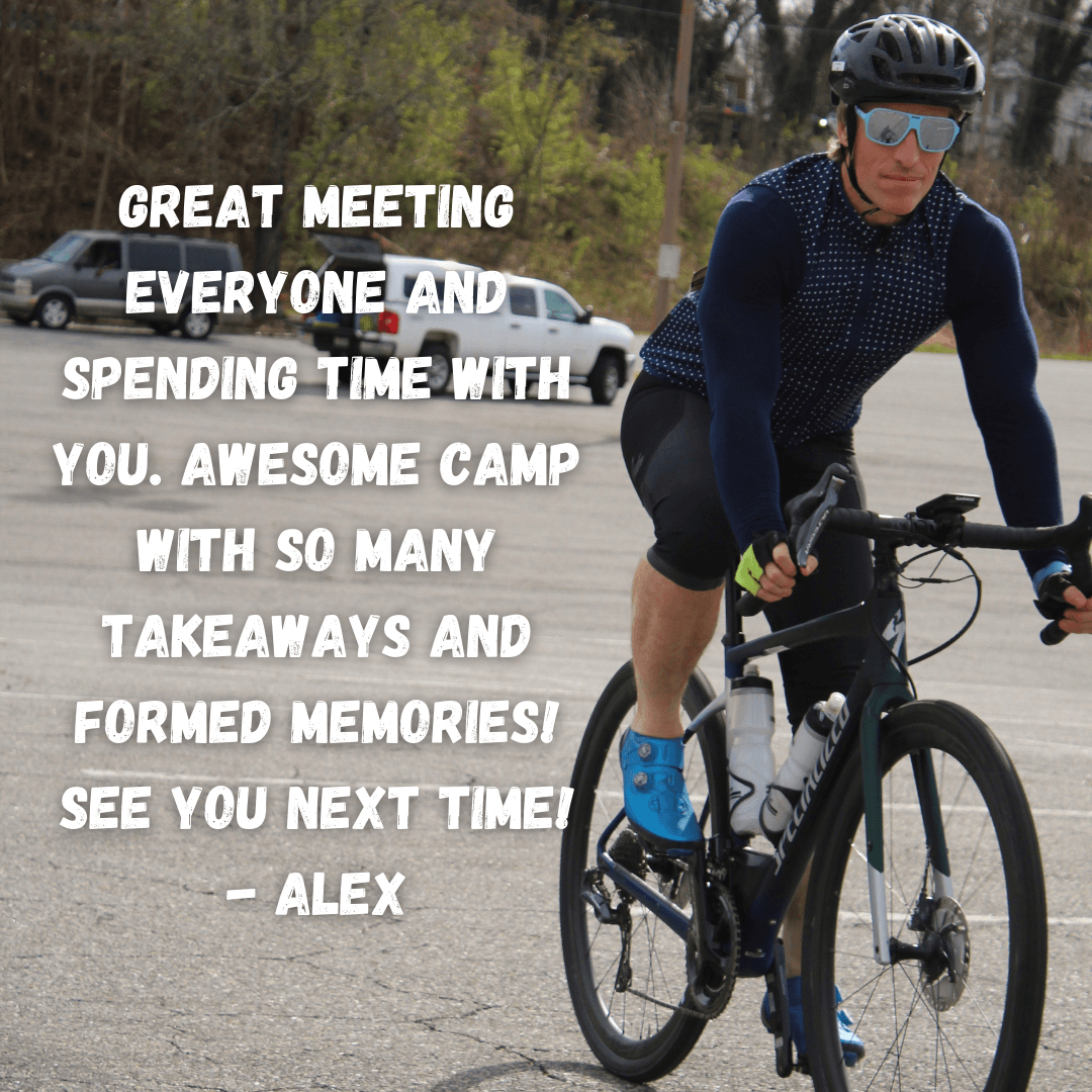 A man is riding a bike in a parking lot with a quote from alex