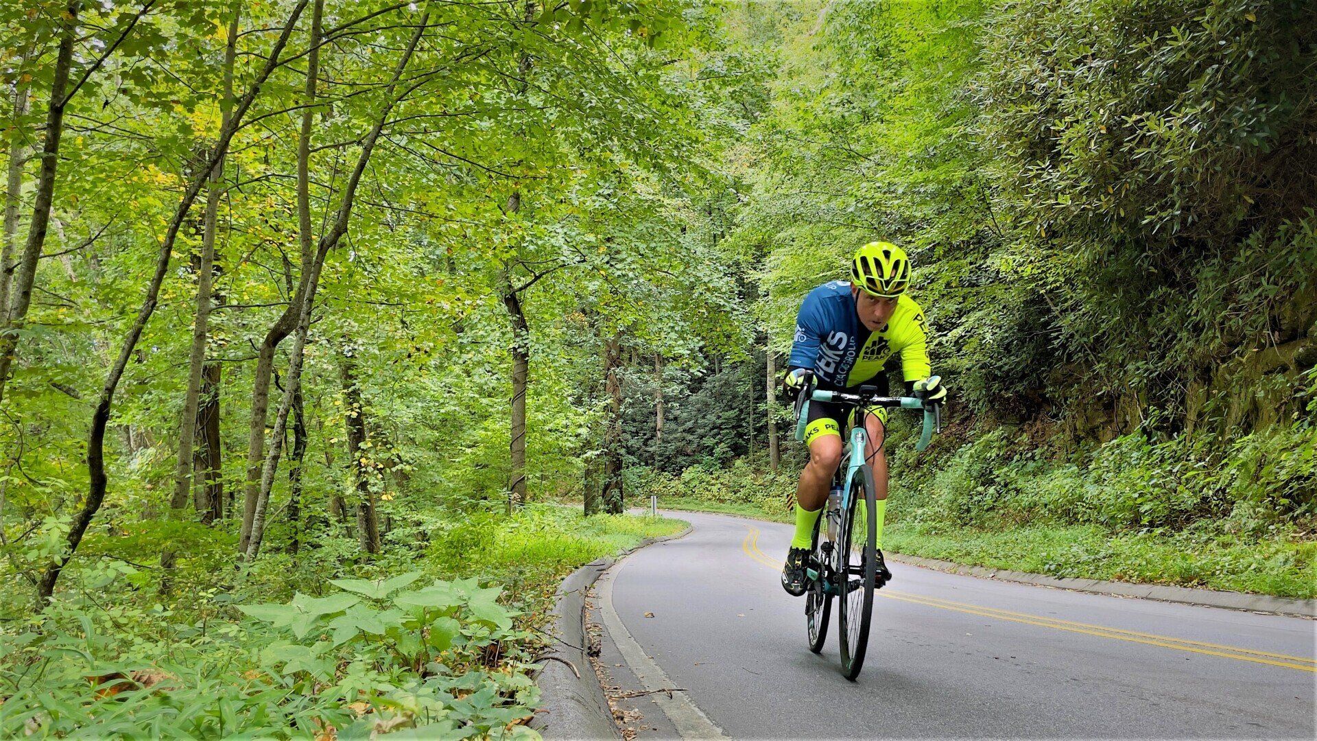 A man is riding a bike down a road in the woods.