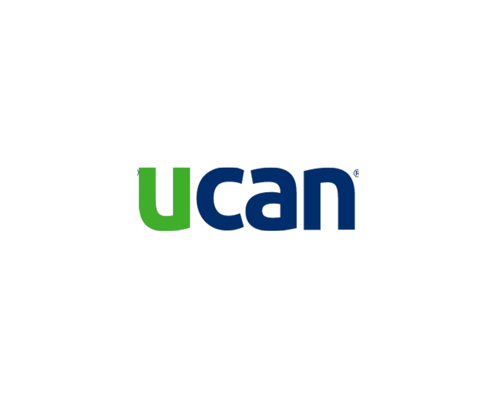 A blue and green logo for ucan on a white background.