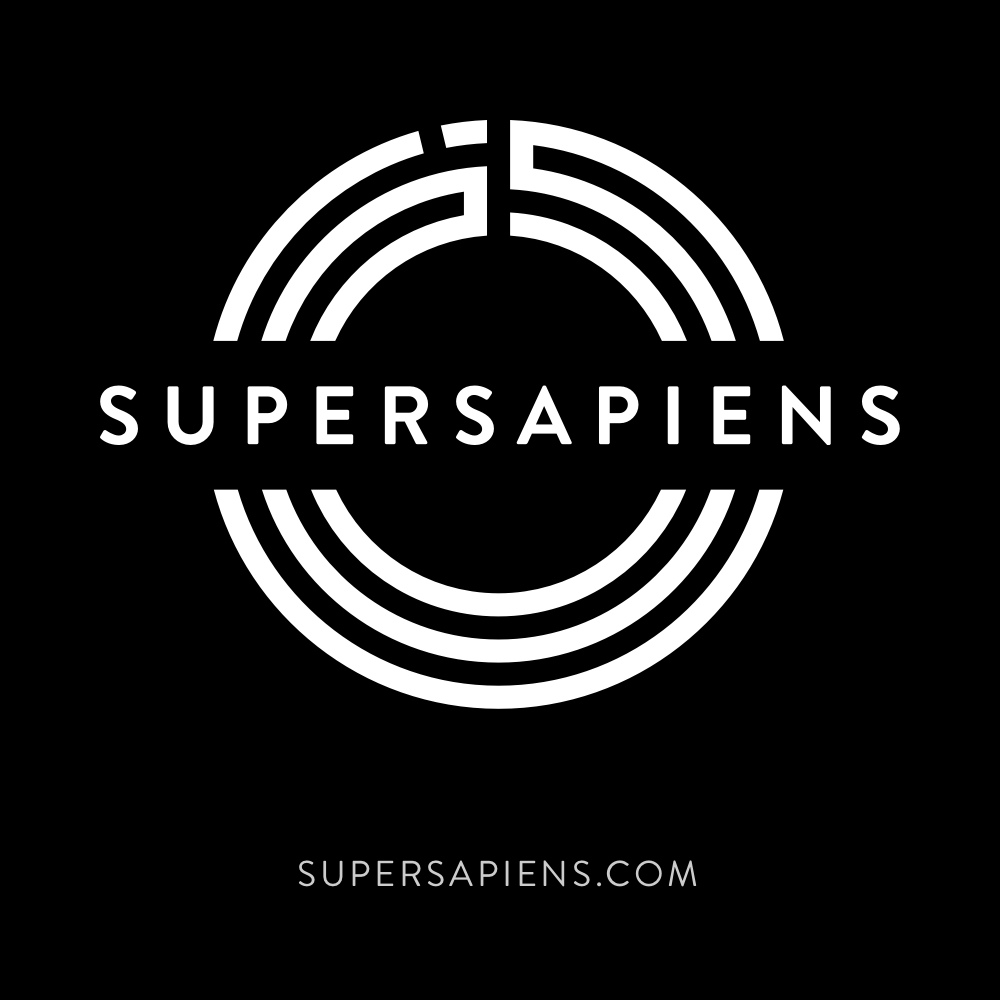 A white logo on a black background for super sapiens.