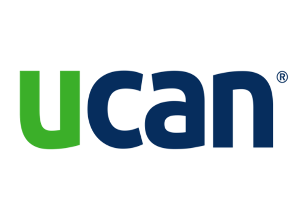 A blue and green logo for ucan on a white background