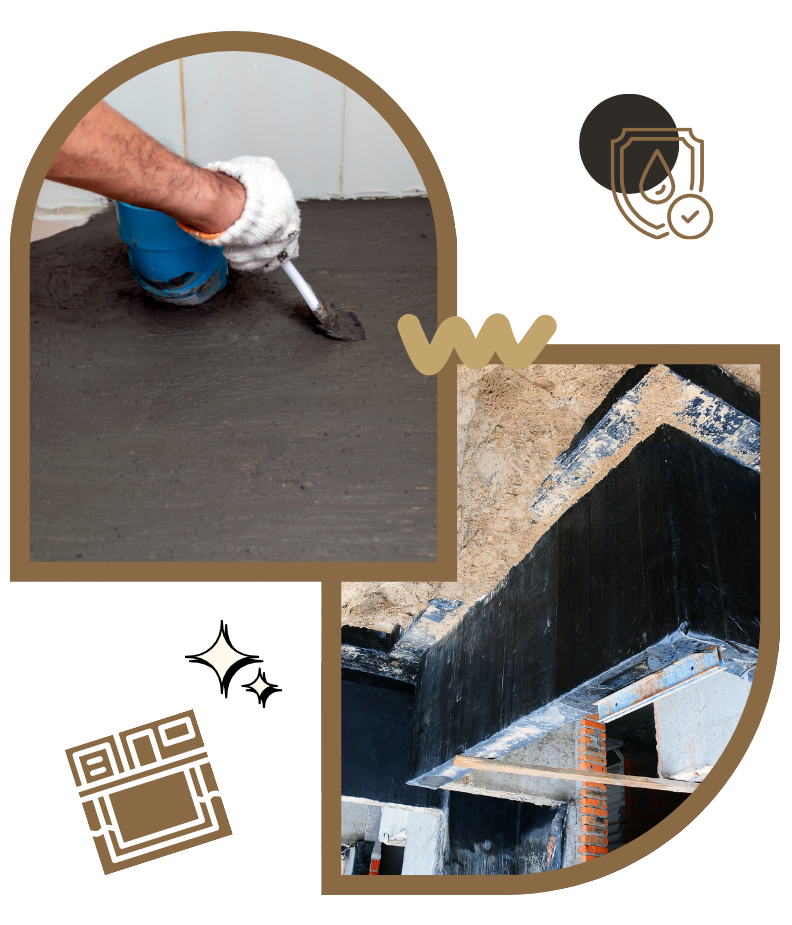 Basement waterproofing team installing drainage system in flooded basement