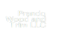 A white logo for prando wood and trim llc on a white background.