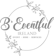 Logo for B'Eventful Ireland Event Hire Services with floral wreath in gray script on white background