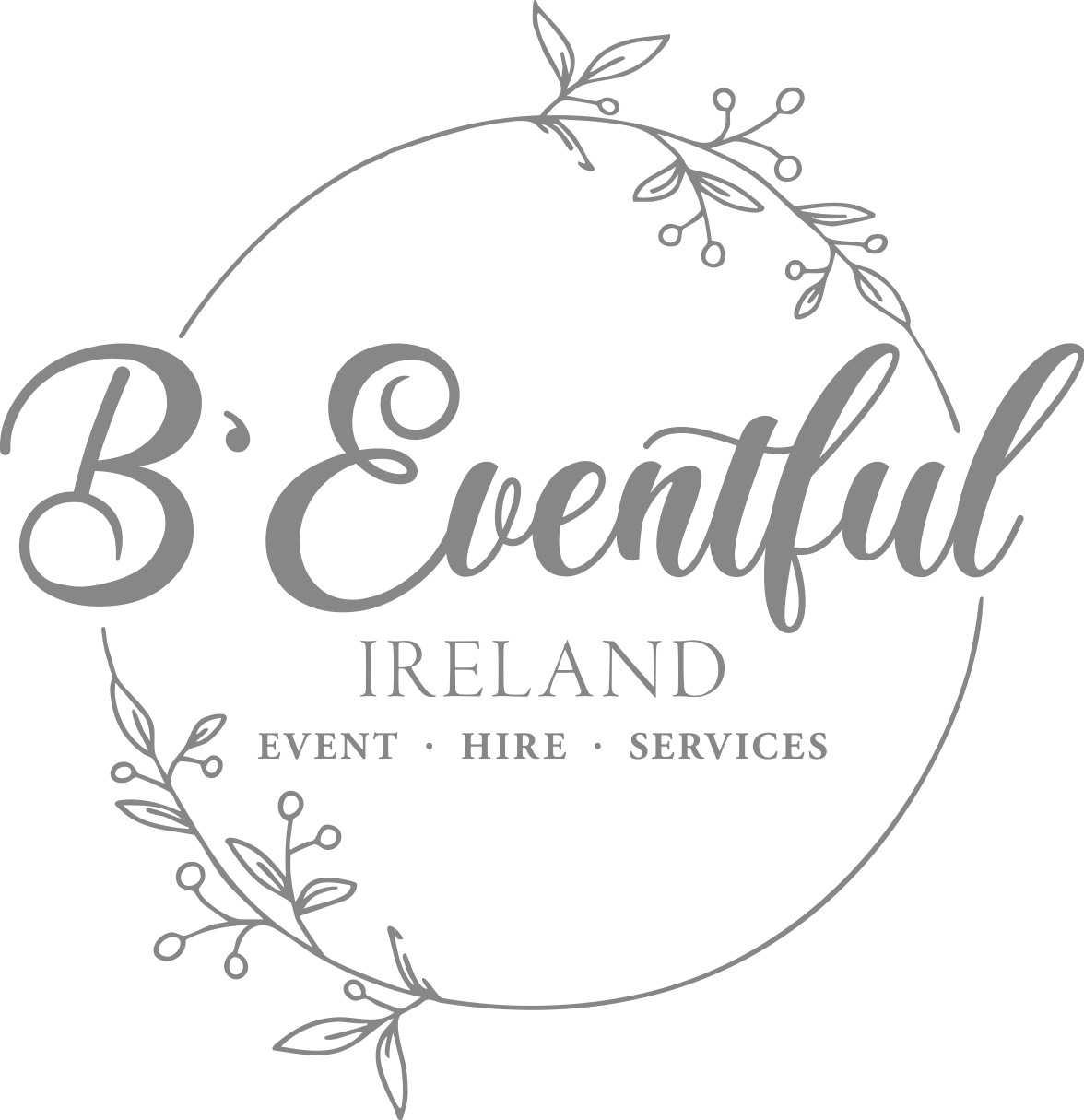 Logo for B'Eventful Ireland Event Hire Services with floral wreath in gray script on white background