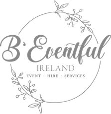 Logo for B'Eventful Ireland Event Hire Services with floral wreath in gray script on white background