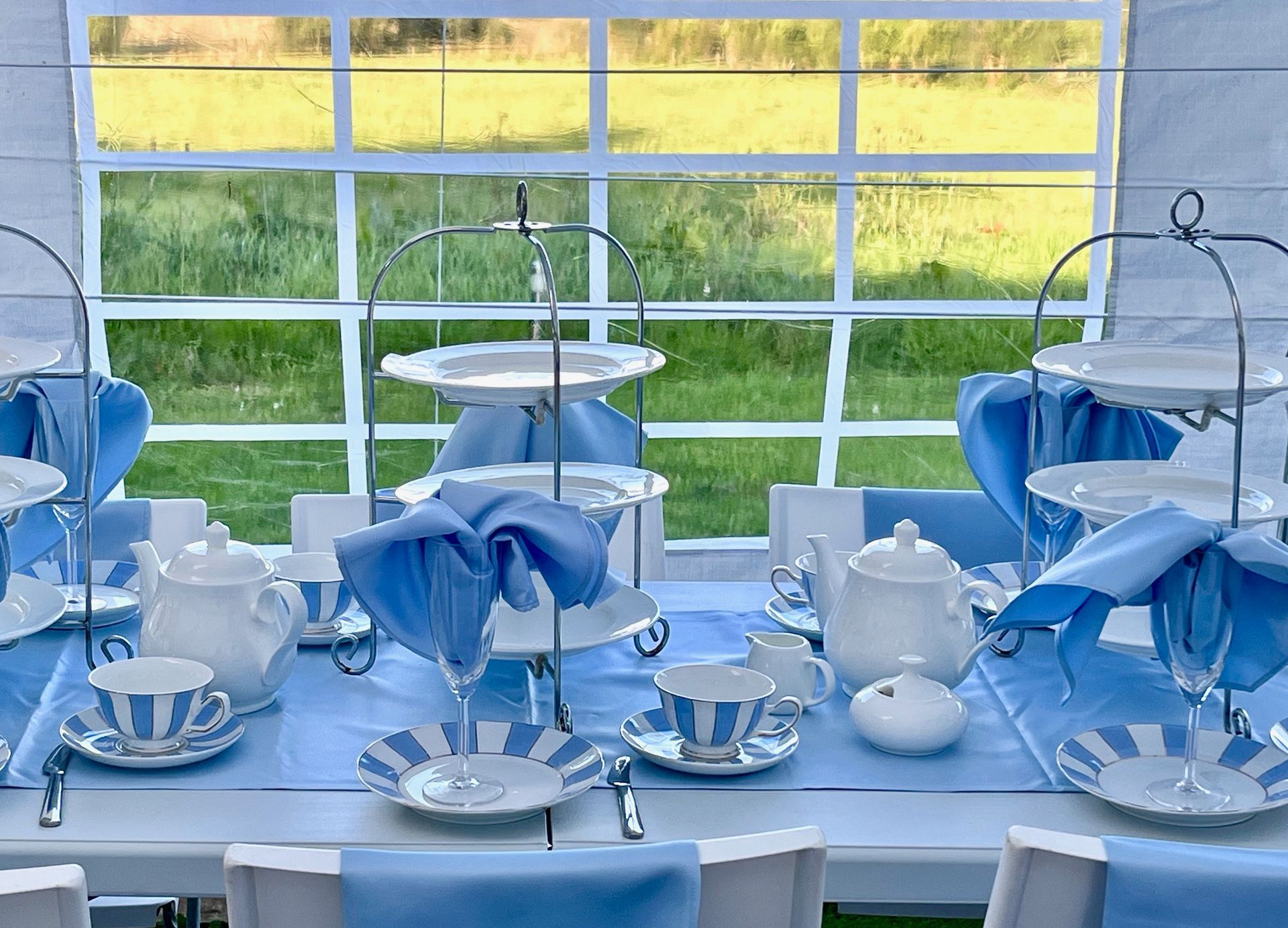 Blue-and-white formal table setting by a window overlooking a green lawn