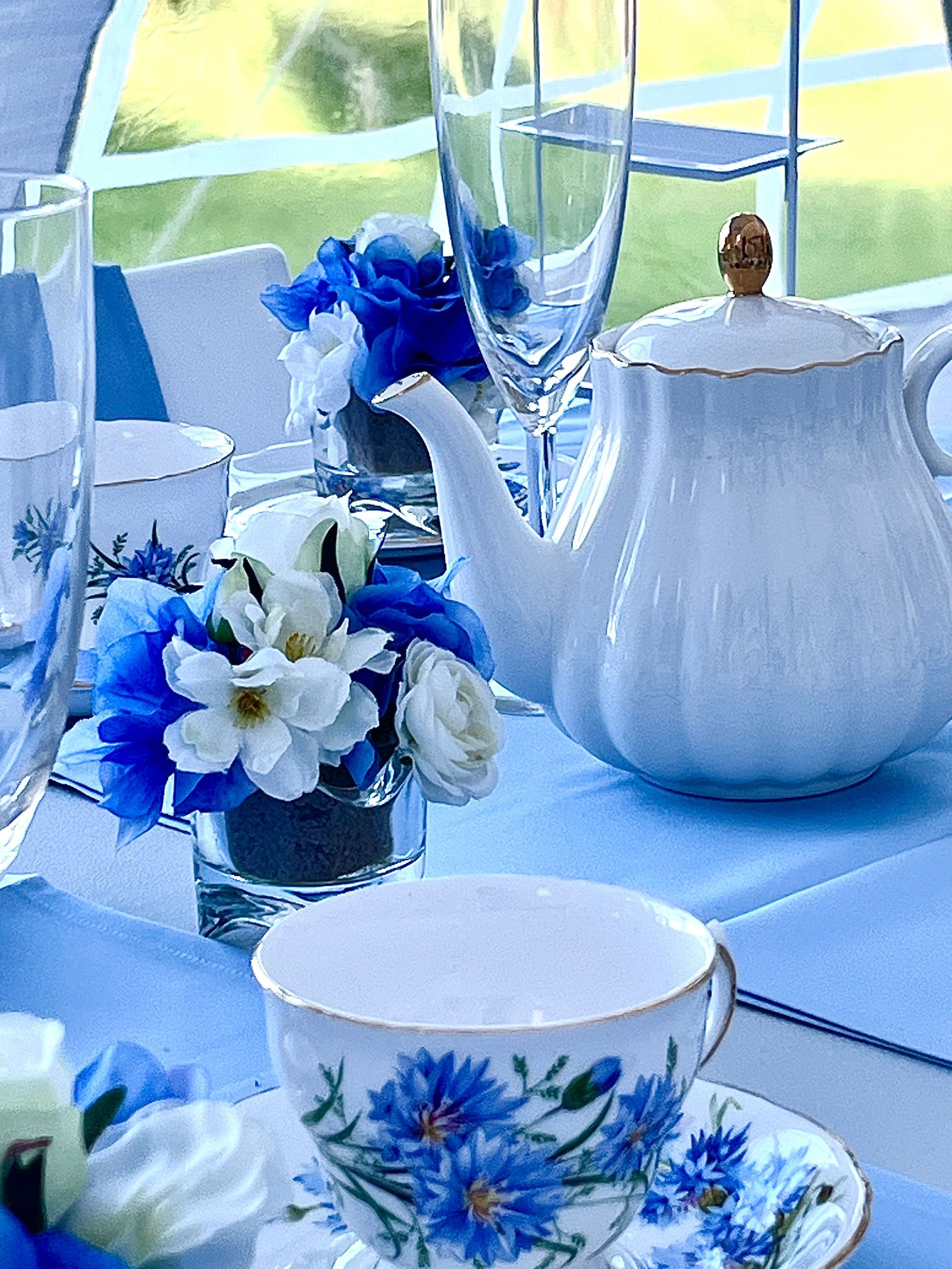 Blue-and-white tea set with teapot, teacup, and flowers on a table by a window