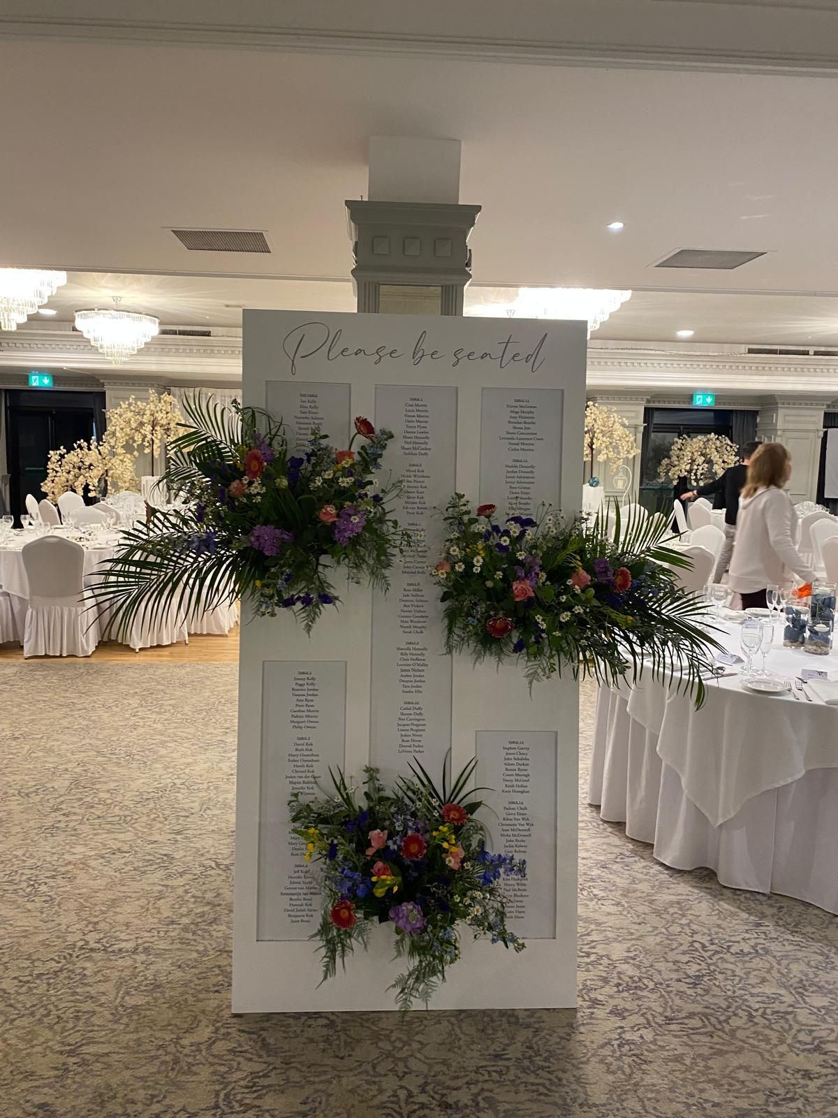 Flower arrangement display board at a banquet hall reception, decorated with colorful floral bouquets.