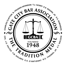 The logo for the gate city bar association is a black and white logo with a scale of justice in the center.