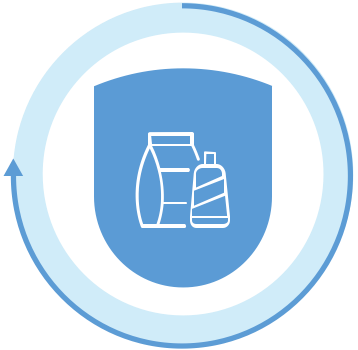 A blue circle with a bag and two bottles inside of it.