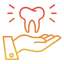 Orange outline of a hand holding a light bulb above an open palm with spark lines, symbolizing an idea.