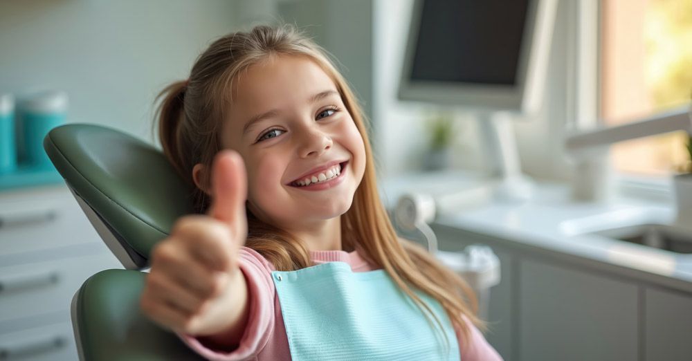 Smiling child in a chair giving a thumbs-up in a bright home kitchen