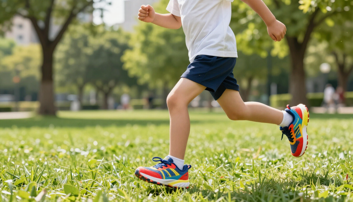 Child running in grass with supportive sneakers